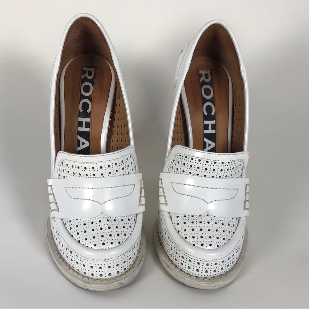 Rochas White Eyelet Leather Loafers